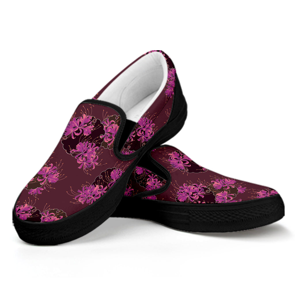 Purple Japanese Amaryllis Pattern Print Black Slip On Shoes