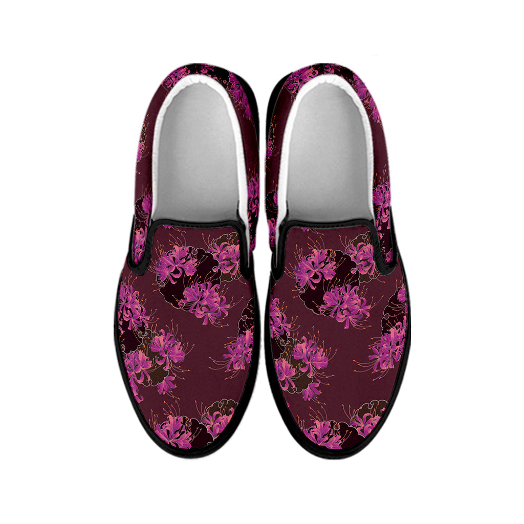 Purple Japanese Amaryllis Pattern Print Black Slip On Shoes