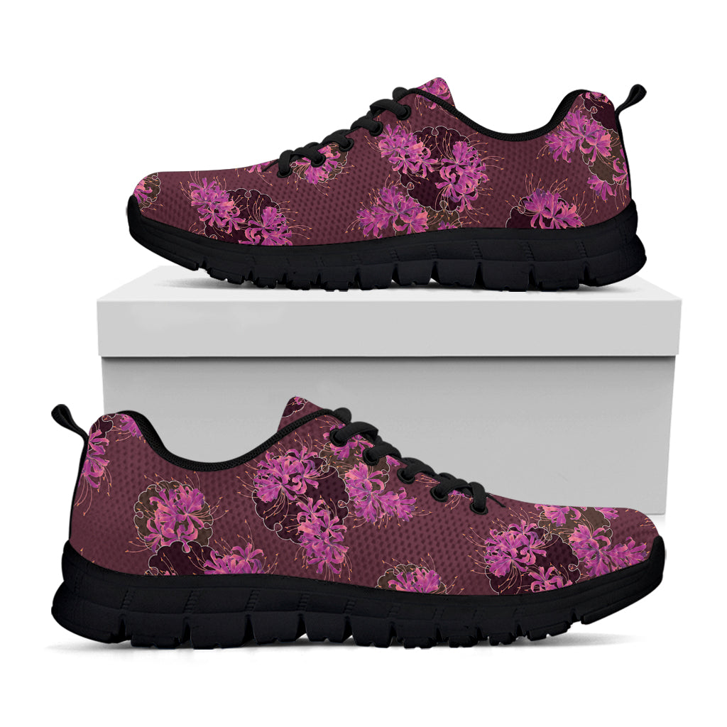 Purple Japanese Amaryllis Pattern Print Black Sneakers