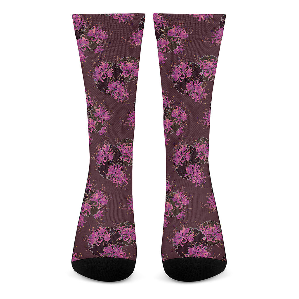 Purple Japanese Amaryllis Pattern Print Crew Socks