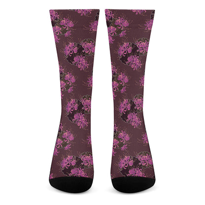 Purple Japanese Amaryllis Pattern Print Crew Socks