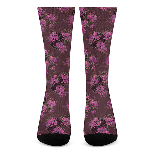 Purple Japanese Amaryllis Pattern Print Crew Socks
