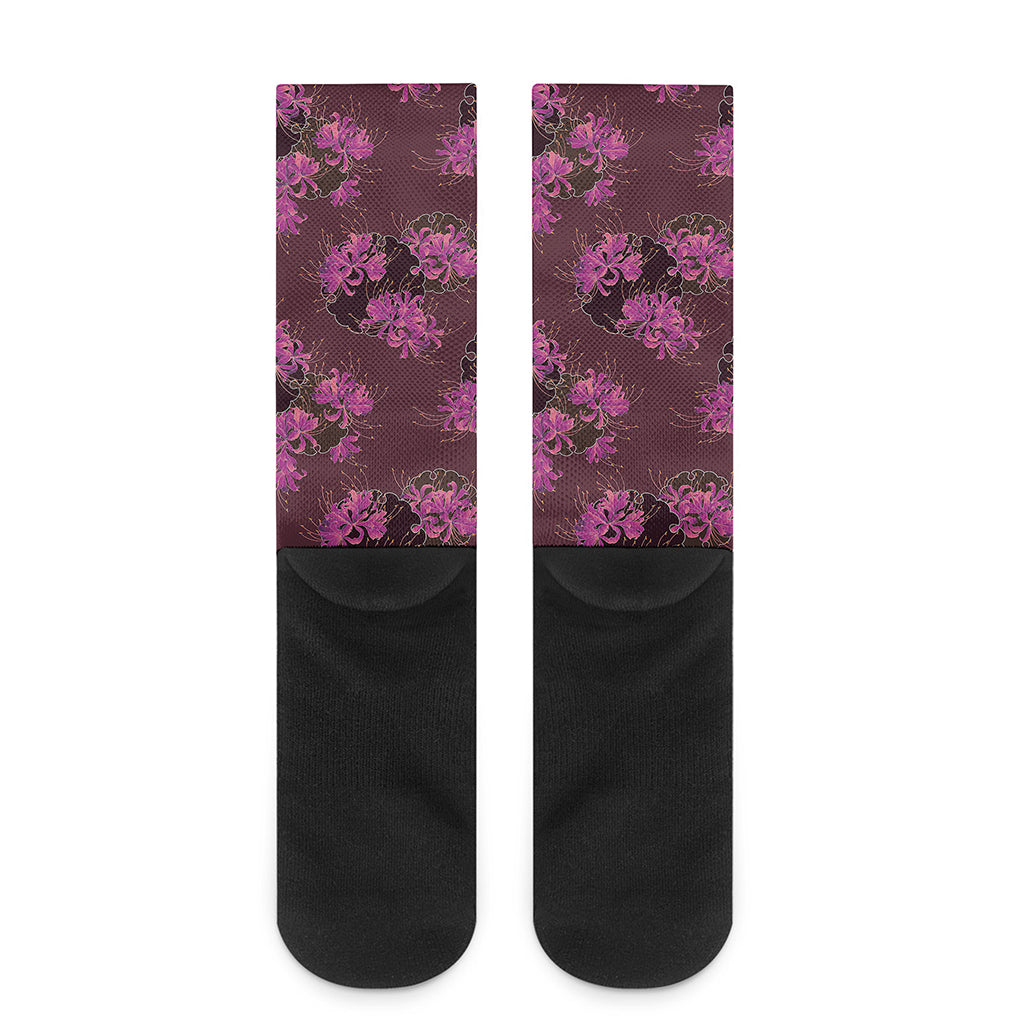 Purple Japanese Amaryllis Pattern Print Crew Socks