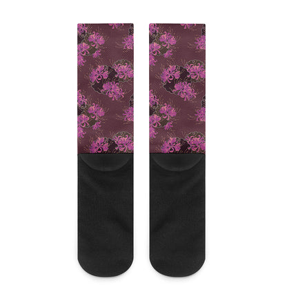 Purple Japanese Amaryllis Pattern Print Crew Socks