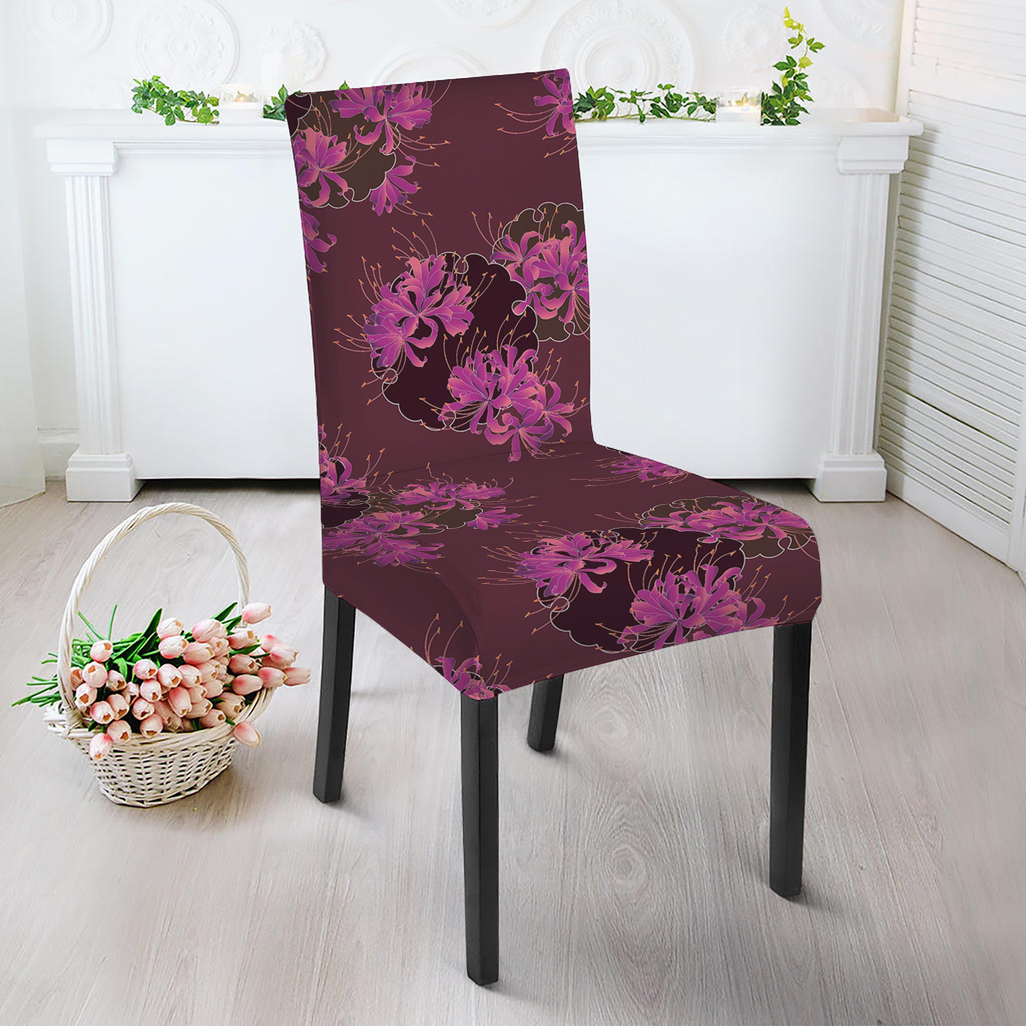 Purple Japanese Amaryllis Pattern Print Dining Chair Slipcover