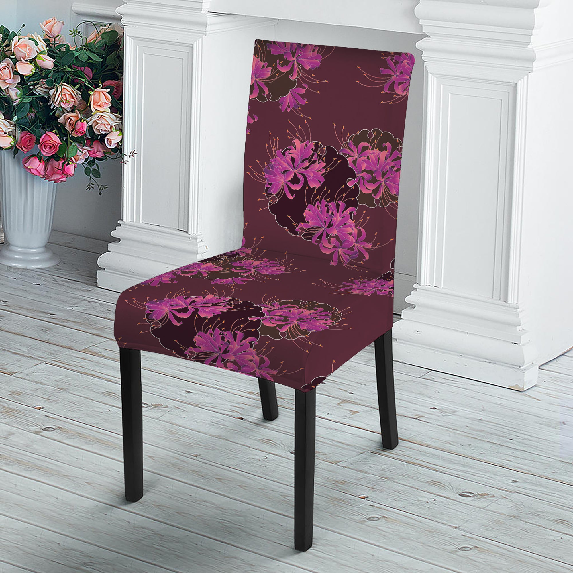 Purple Japanese Amaryllis Pattern Print Dining Chair Slipcover