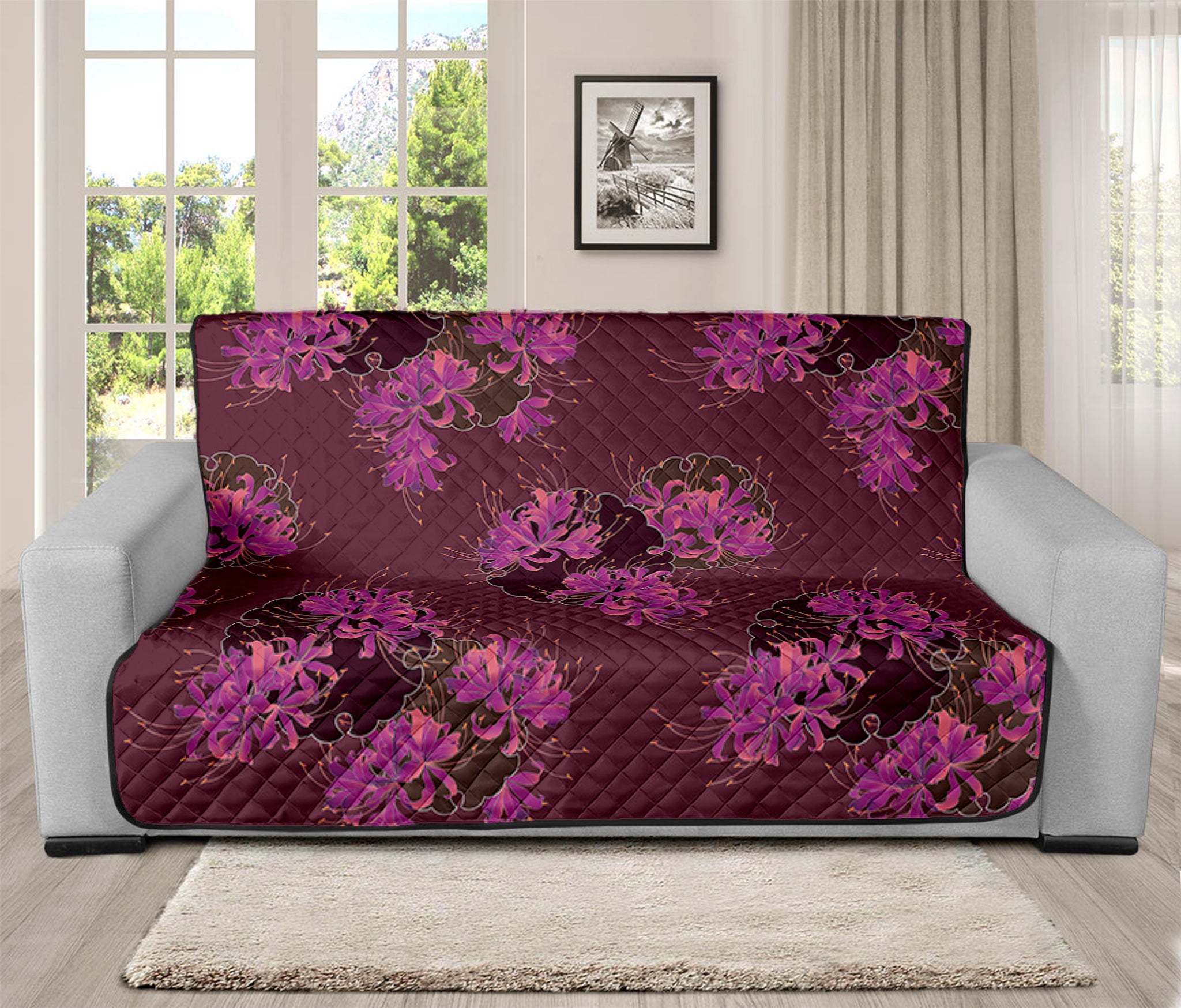 Purple Japanese Amaryllis Pattern Print Futon Protector