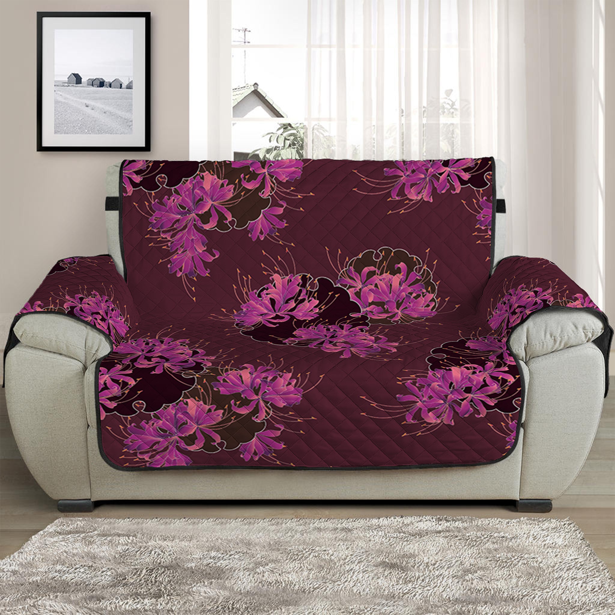 Purple Japanese Amaryllis Pattern Print Half Sofa Protector