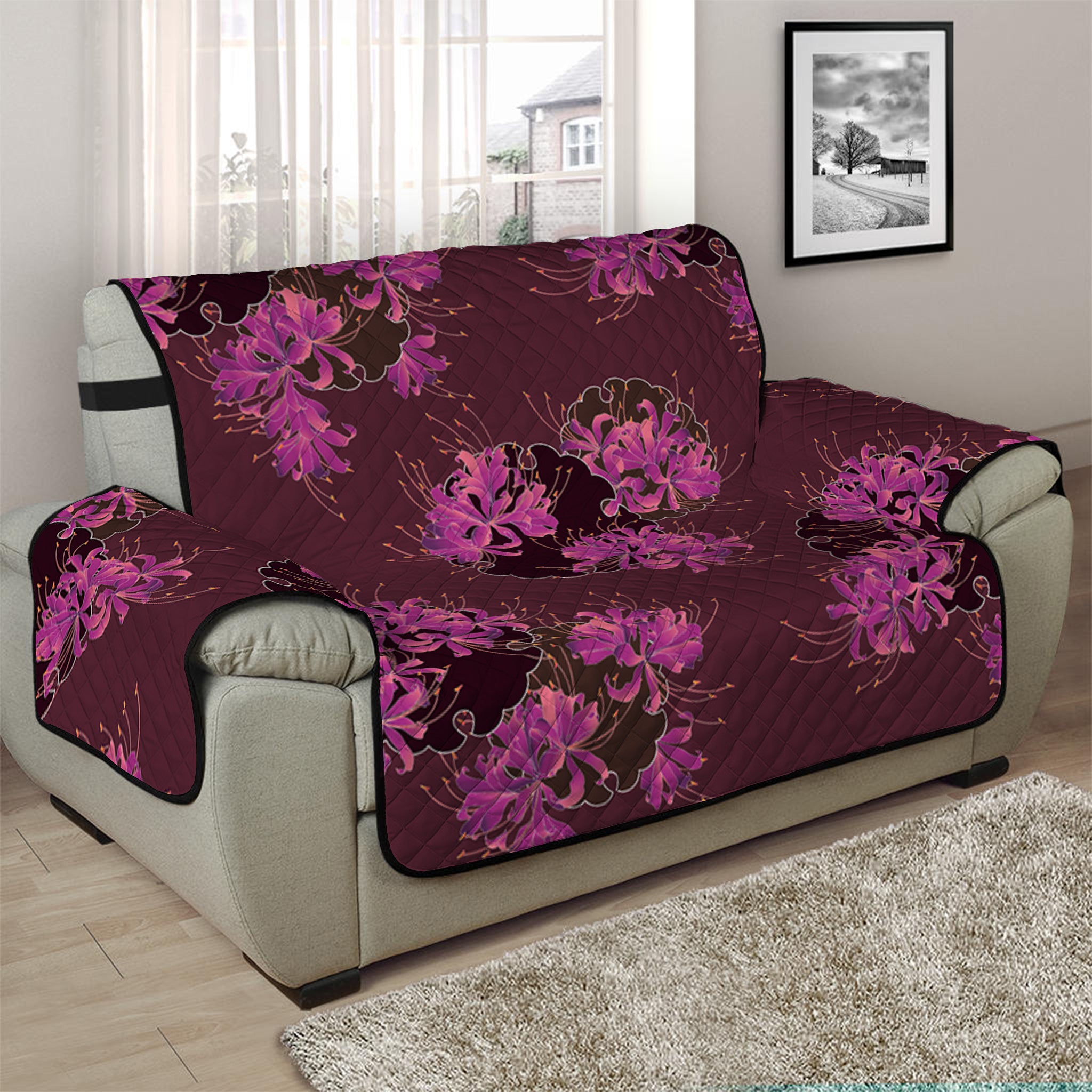 Purple Japanese Amaryllis Pattern Print Half Sofa Protector