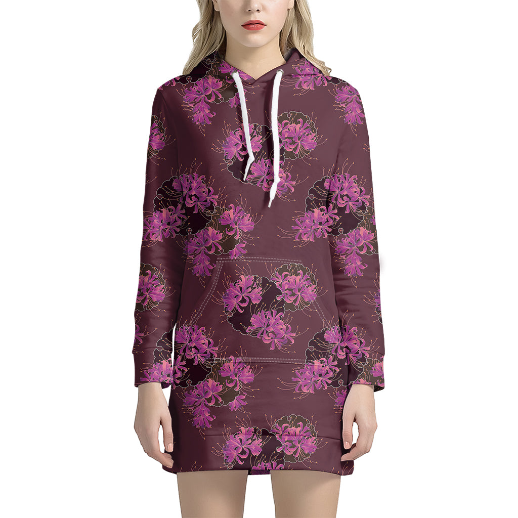 Purple Japanese Amaryllis Pattern Print Hoodie Dress