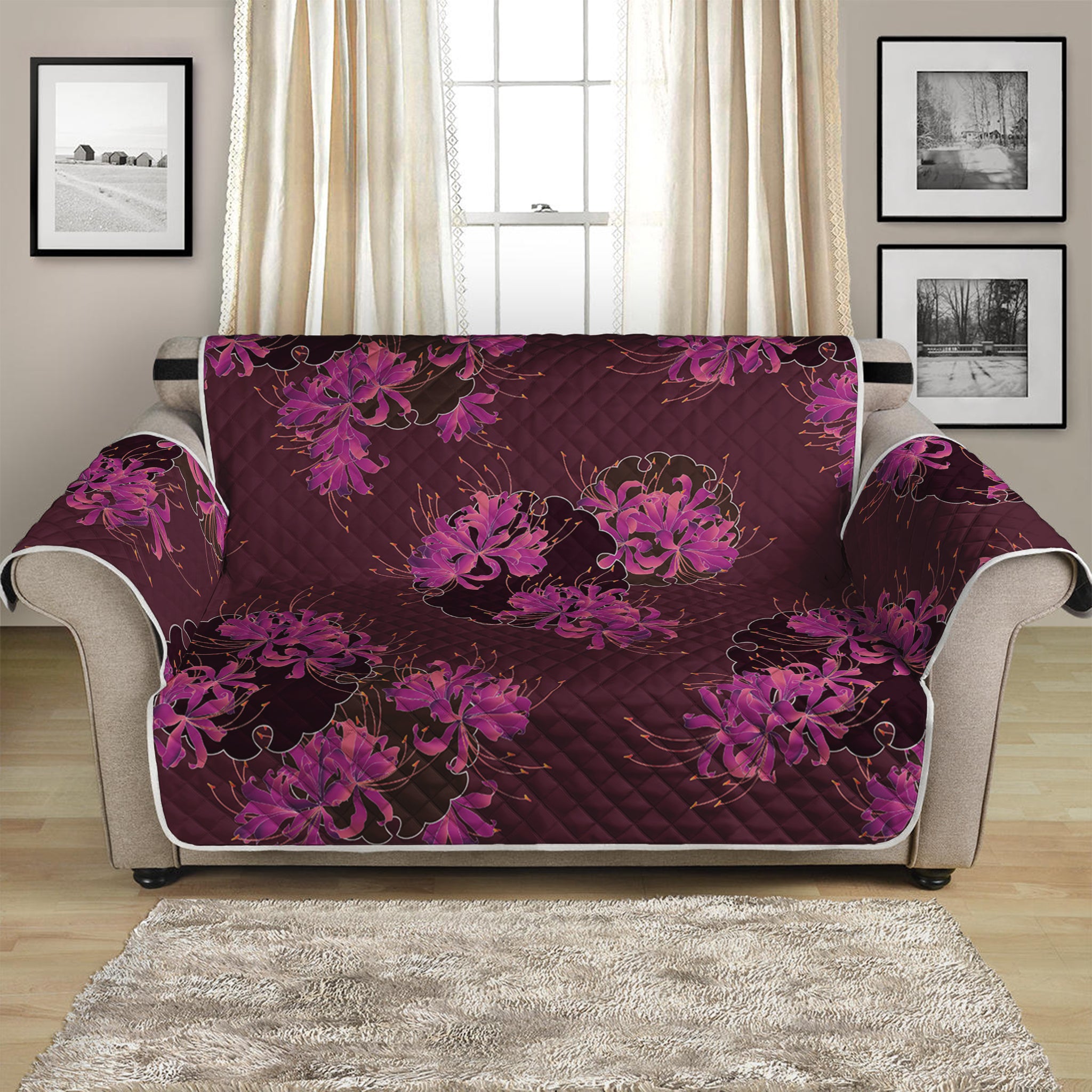 Purple Japanese Amaryllis Pattern Print Loveseat Protector