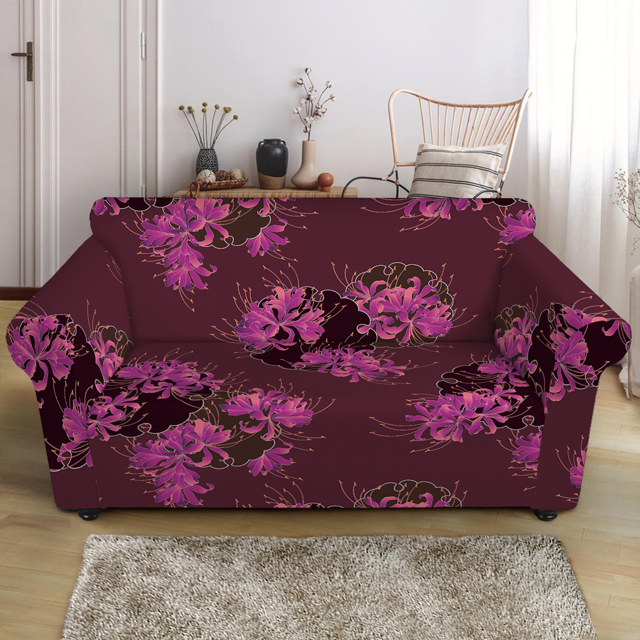 Purple Japanese Amaryllis Pattern Print Loveseat Slipcover