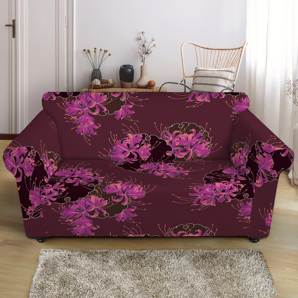 Purple Japanese Amaryllis Pattern Print Loveseat Slipcover