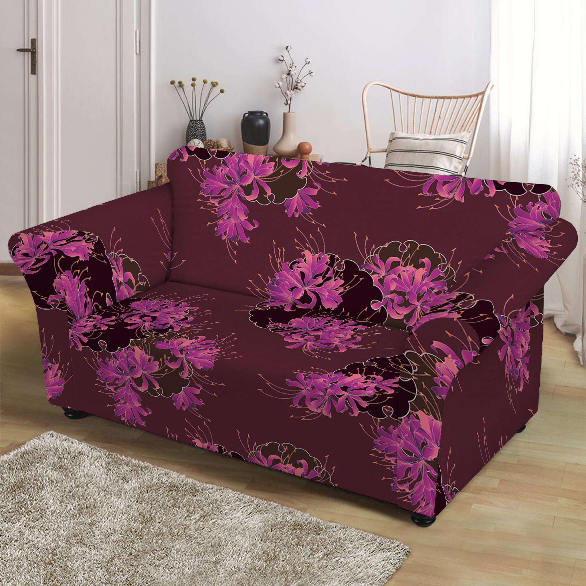 Purple Japanese Amaryllis Pattern Print Loveseat Slipcover