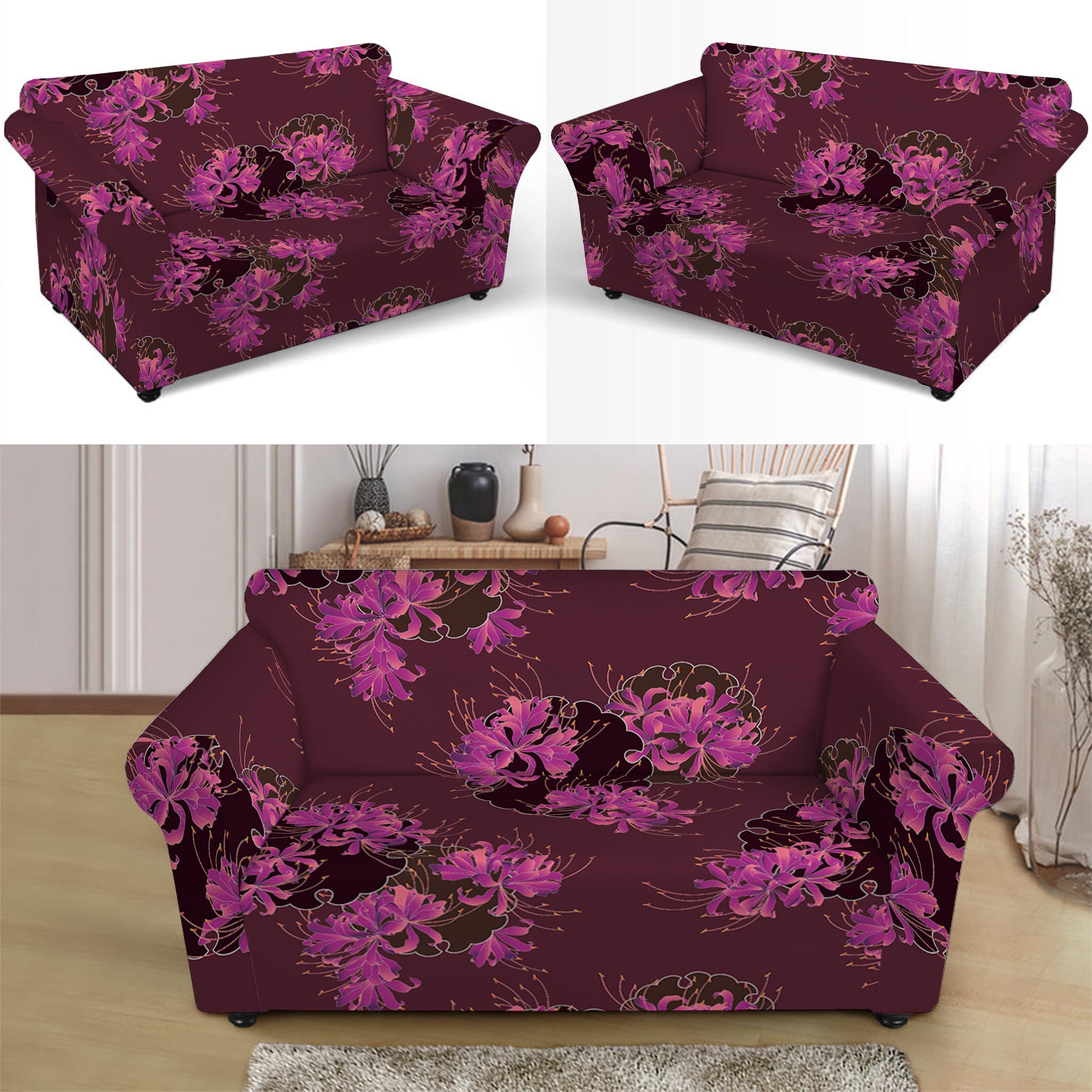 Purple Japanese Amaryllis Pattern Print Loveseat Slipcover