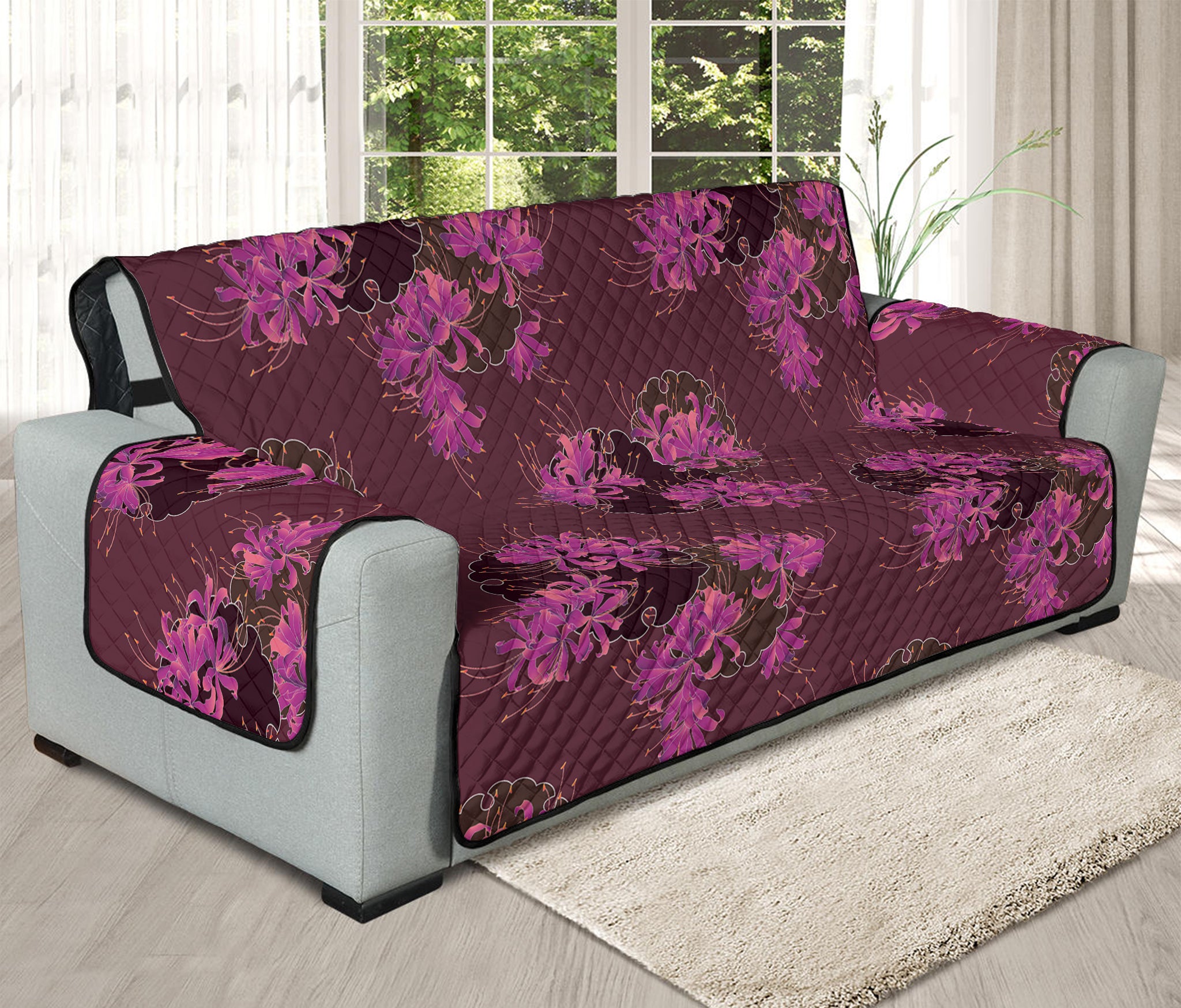 Purple Japanese Amaryllis Pattern Print Oversized Sofa Protector