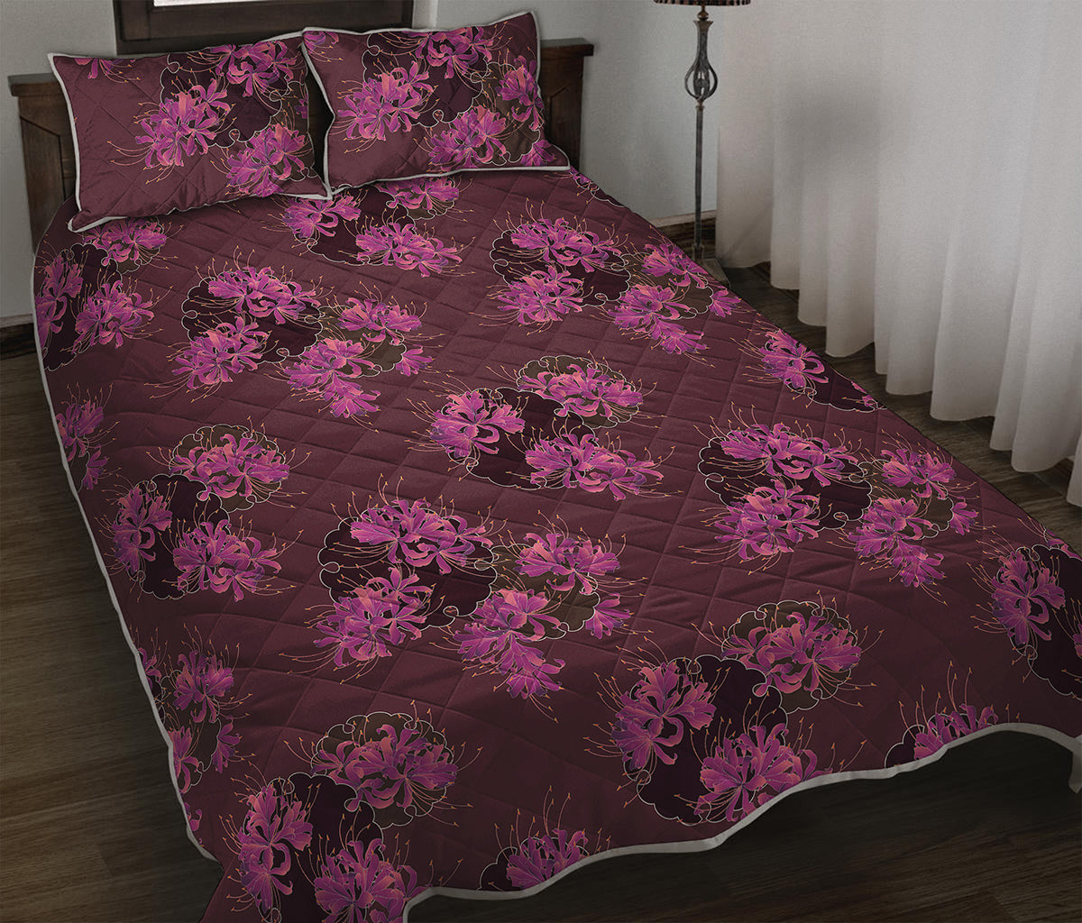 Purple Japanese Amaryllis Pattern Print Quilt Bed Set
