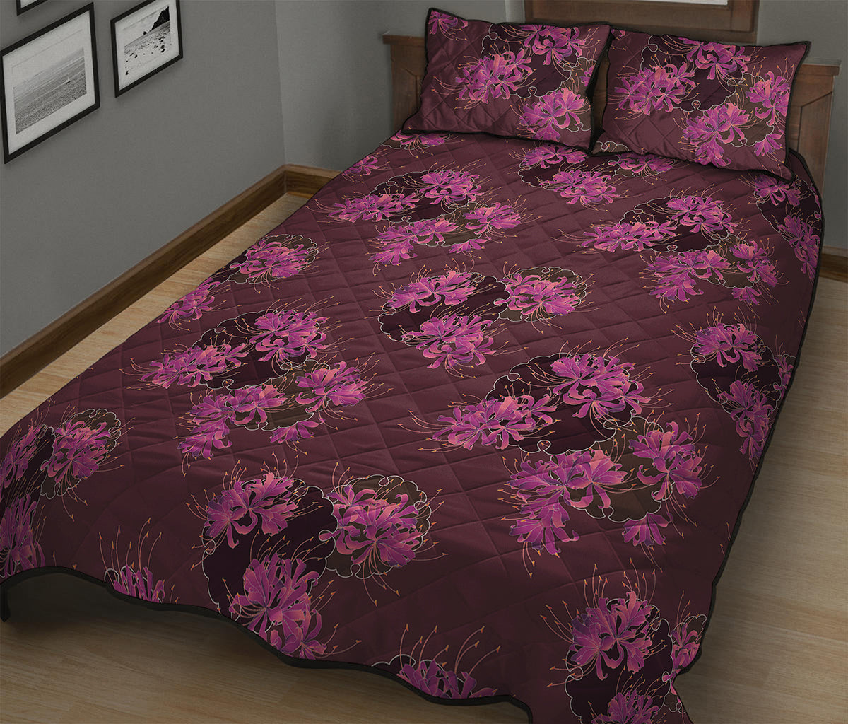 Purple Japanese Amaryllis Pattern Print Quilt Bed Set