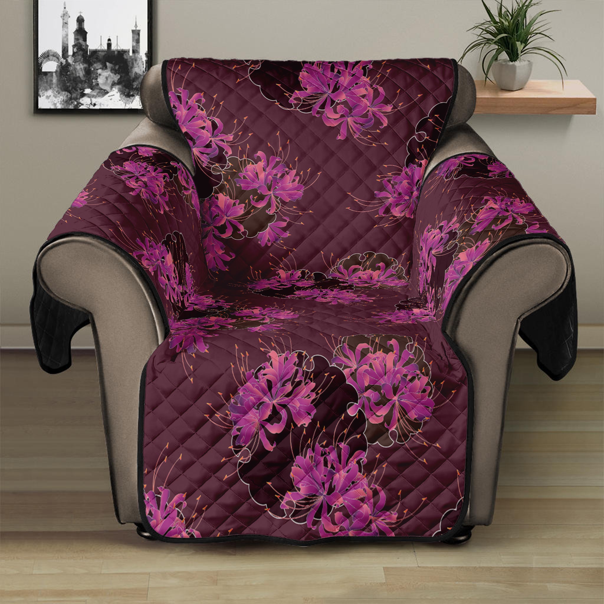 Purple Japanese Amaryllis Pattern Print Recliner Protector