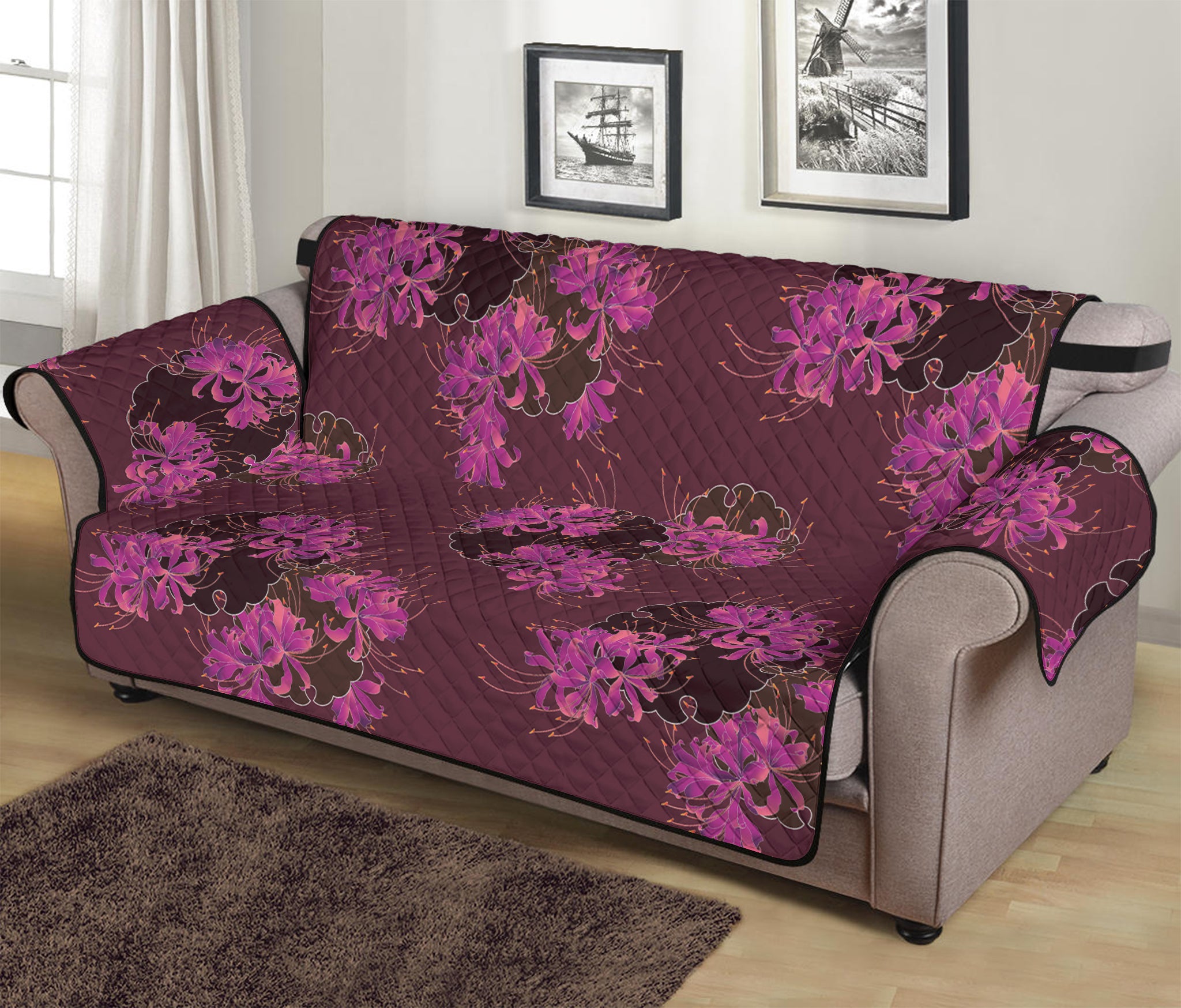 Purple Japanese Amaryllis Pattern Print Sofa Protector