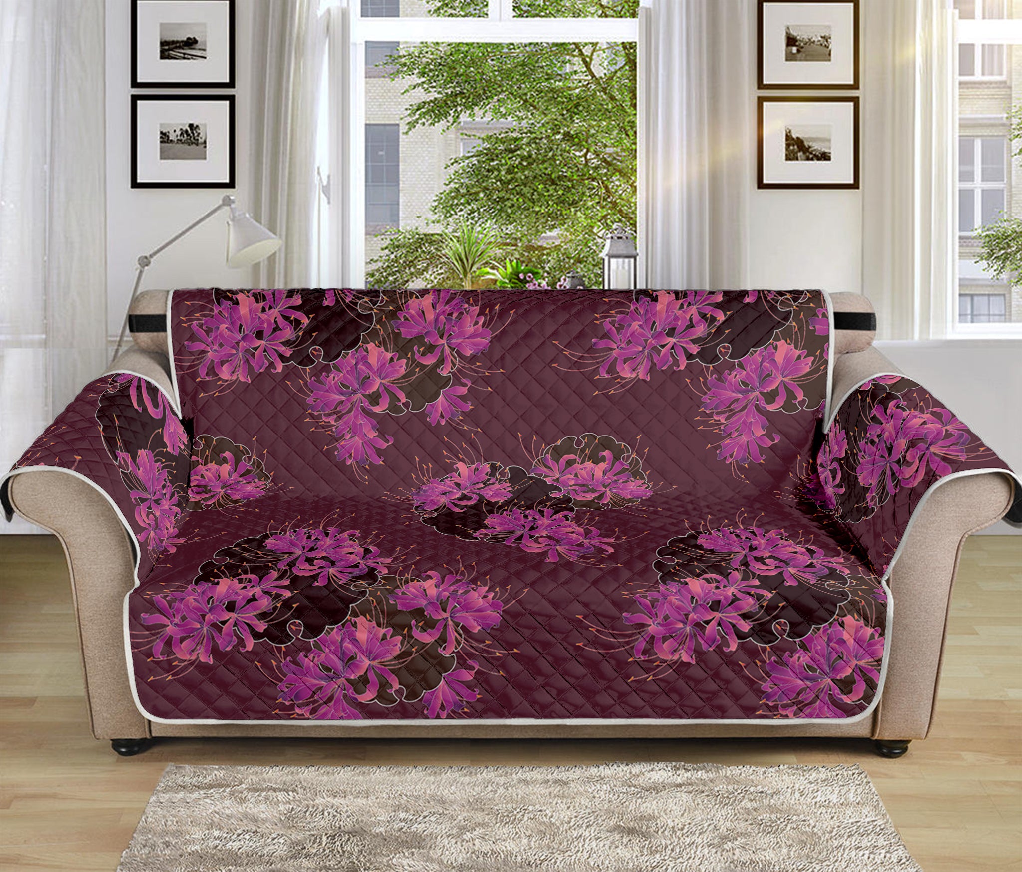 Purple Japanese Amaryllis Pattern Print Sofa Protector