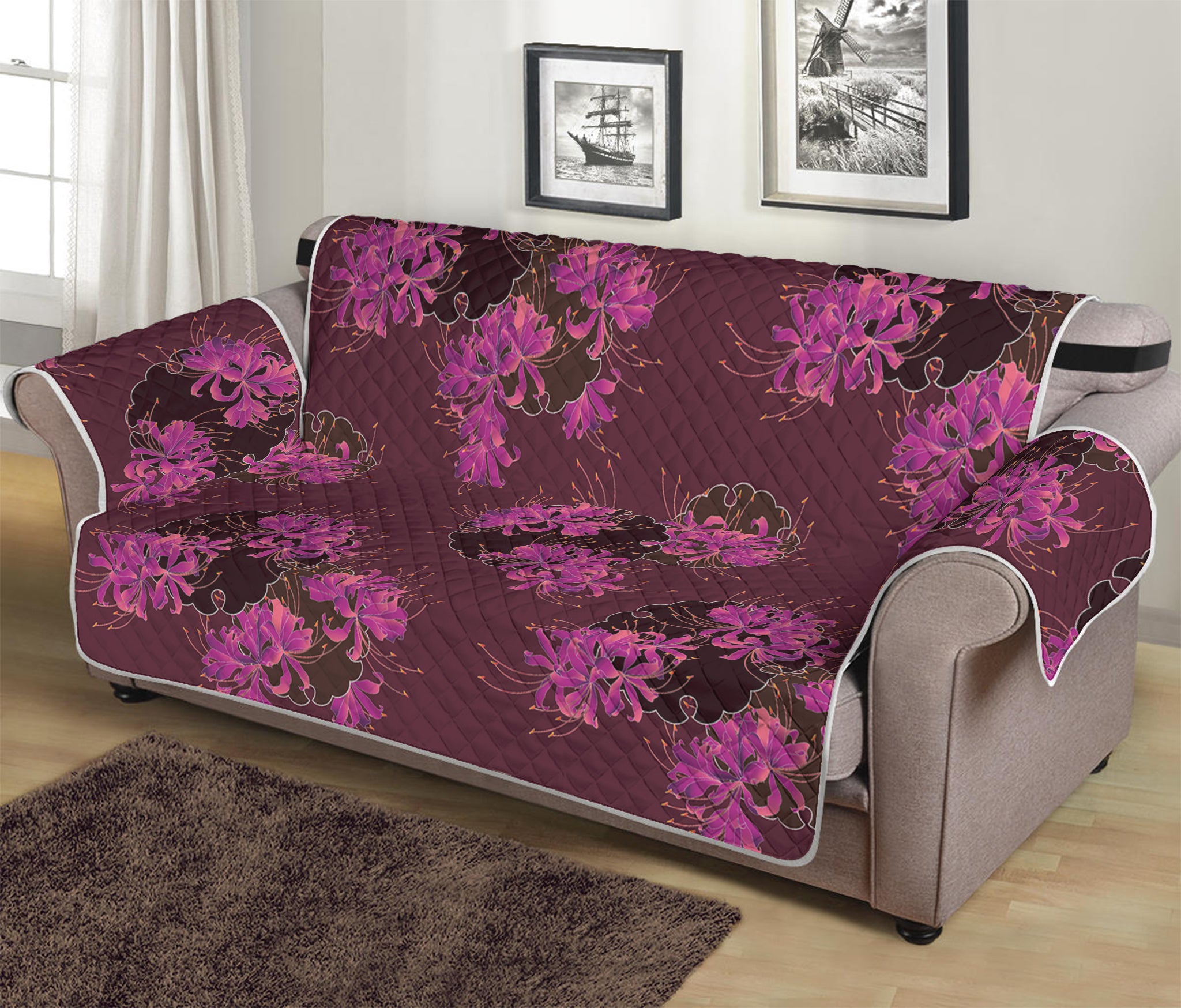 Purple Japanese Amaryllis Pattern Print Sofa Protector