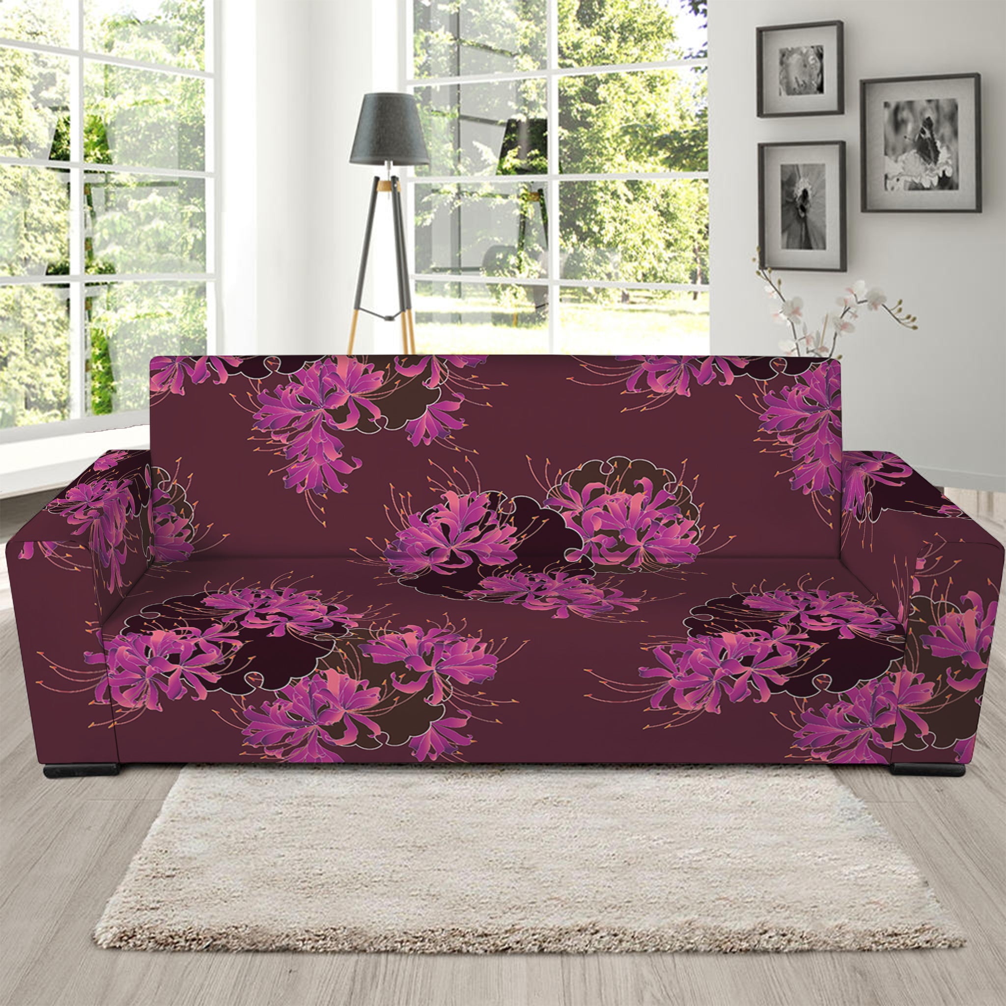 Purple Japanese Amaryllis Pattern Print Sofa Slipcover