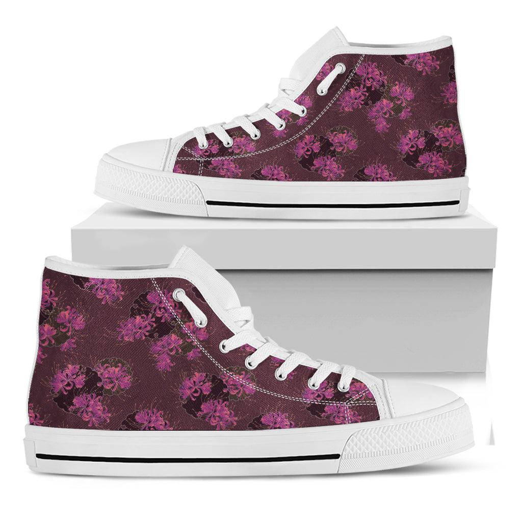 Purple Japanese Amaryllis Pattern Print White High Top Shoes