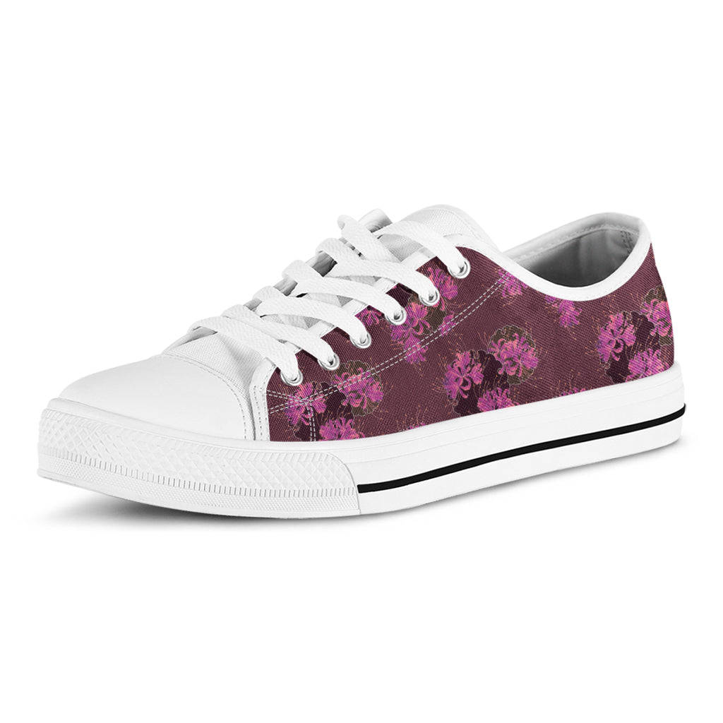 Purple Japanese Amaryllis Pattern Print White Low Top Shoes