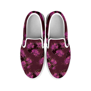 Purple Japanese Amaryllis Pattern Print White Slip On Shoes