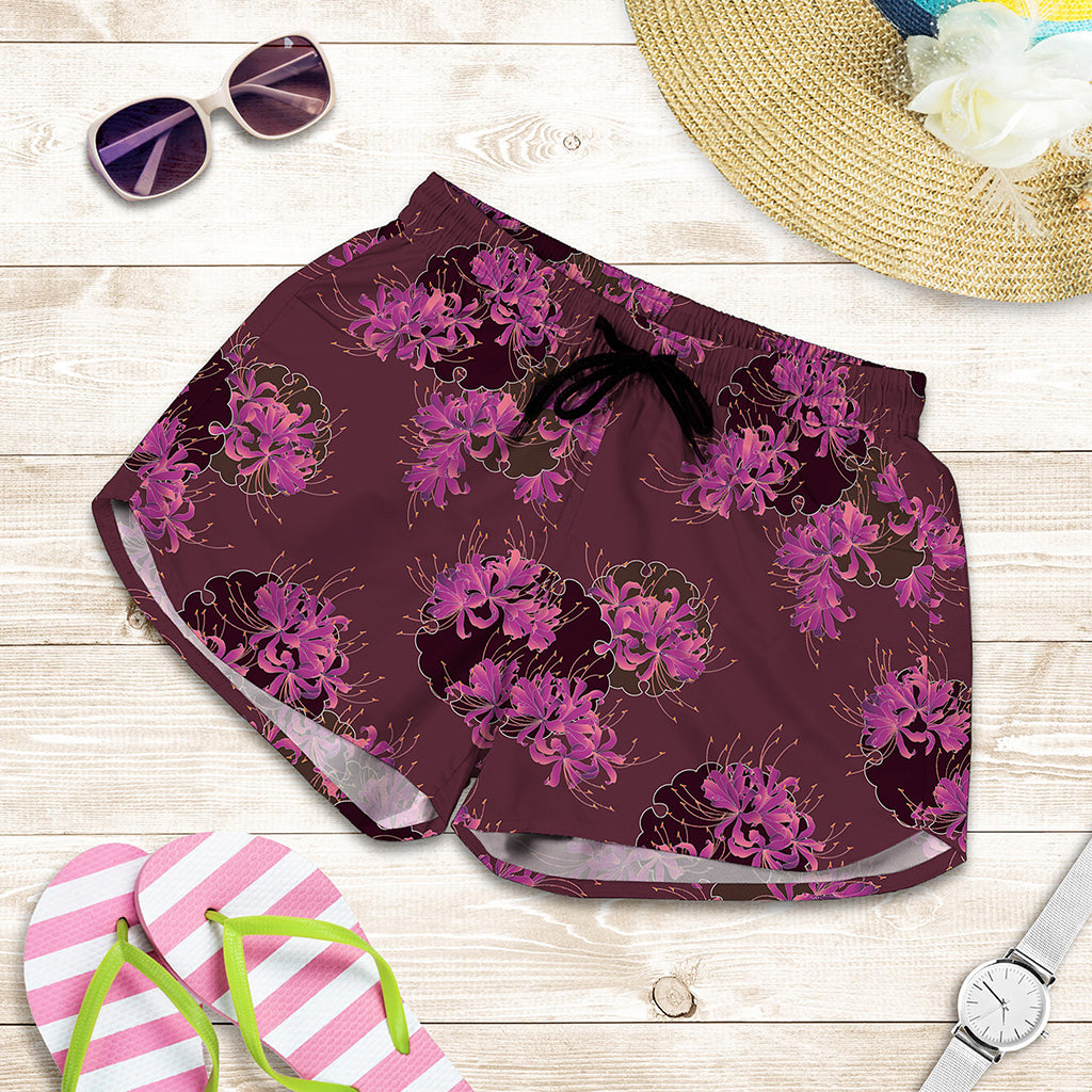 Purple Japanese Amaryllis Pattern Print Women's Shorts