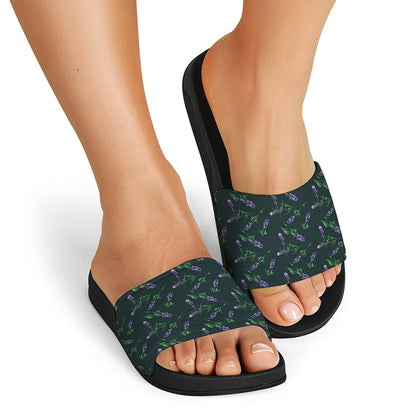 Purple Lavender Pattern Print Black Slide Sandals