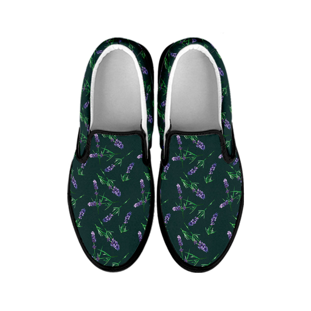 Purple Lavender Pattern Print Black Slip On Shoes