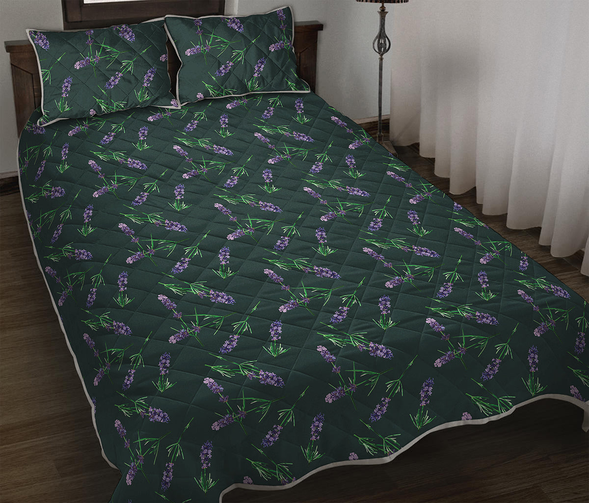 Purple Lavender Pattern Print Quilt Bed Set
