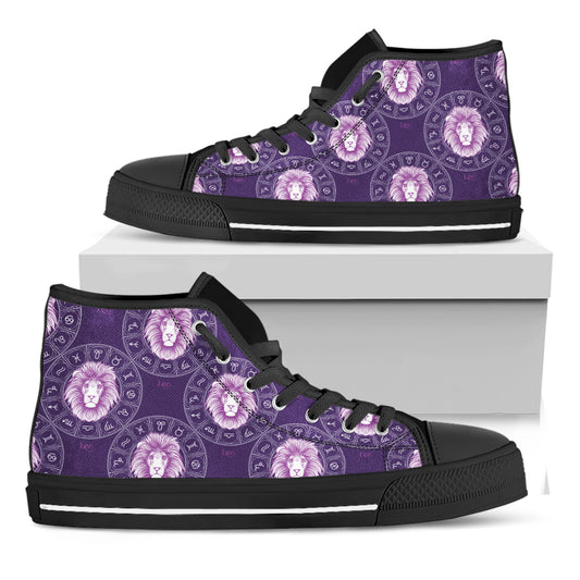 Purple Leo Zodiac Pattern Print Black High Top Shoes