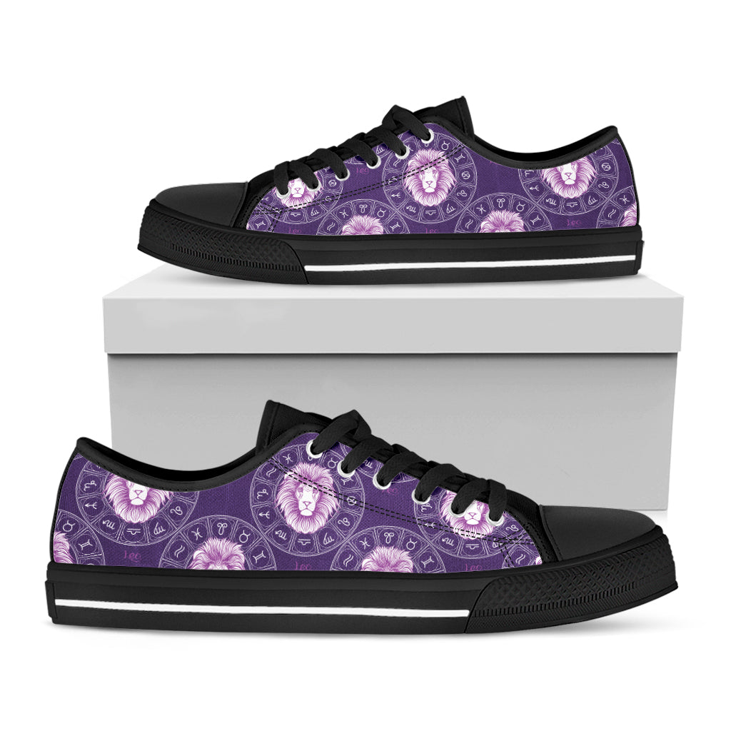 Purple Leo Zodiac Pattern Print Black Low Top Shoes