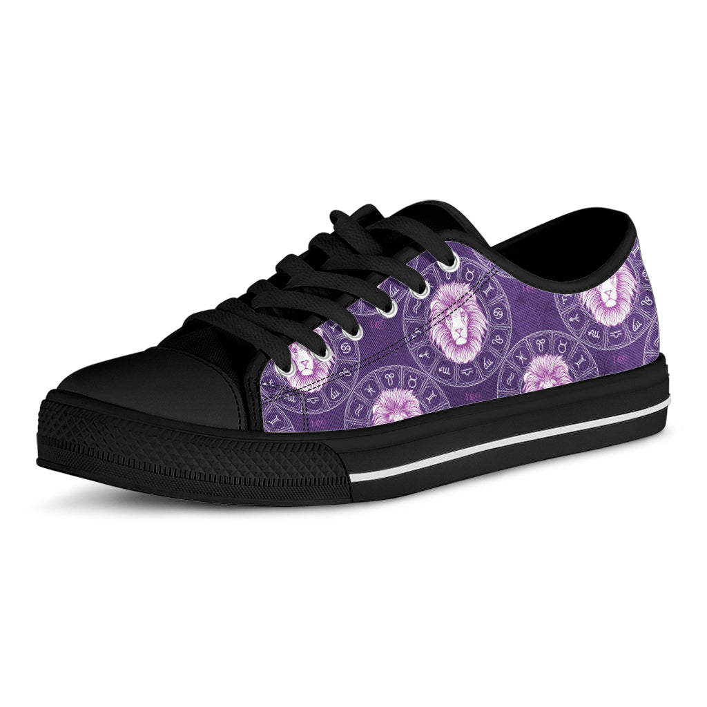 Purple Leo Zodiac Pattern Print Black Low Top Shoes