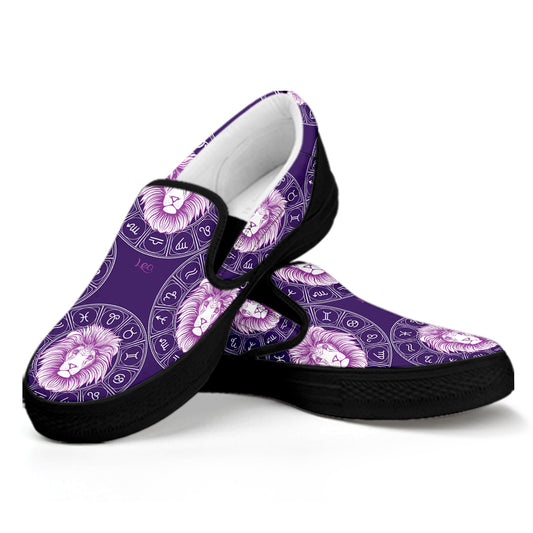Purple Leo Zodiac Pattern Print Black Slip On Shoes