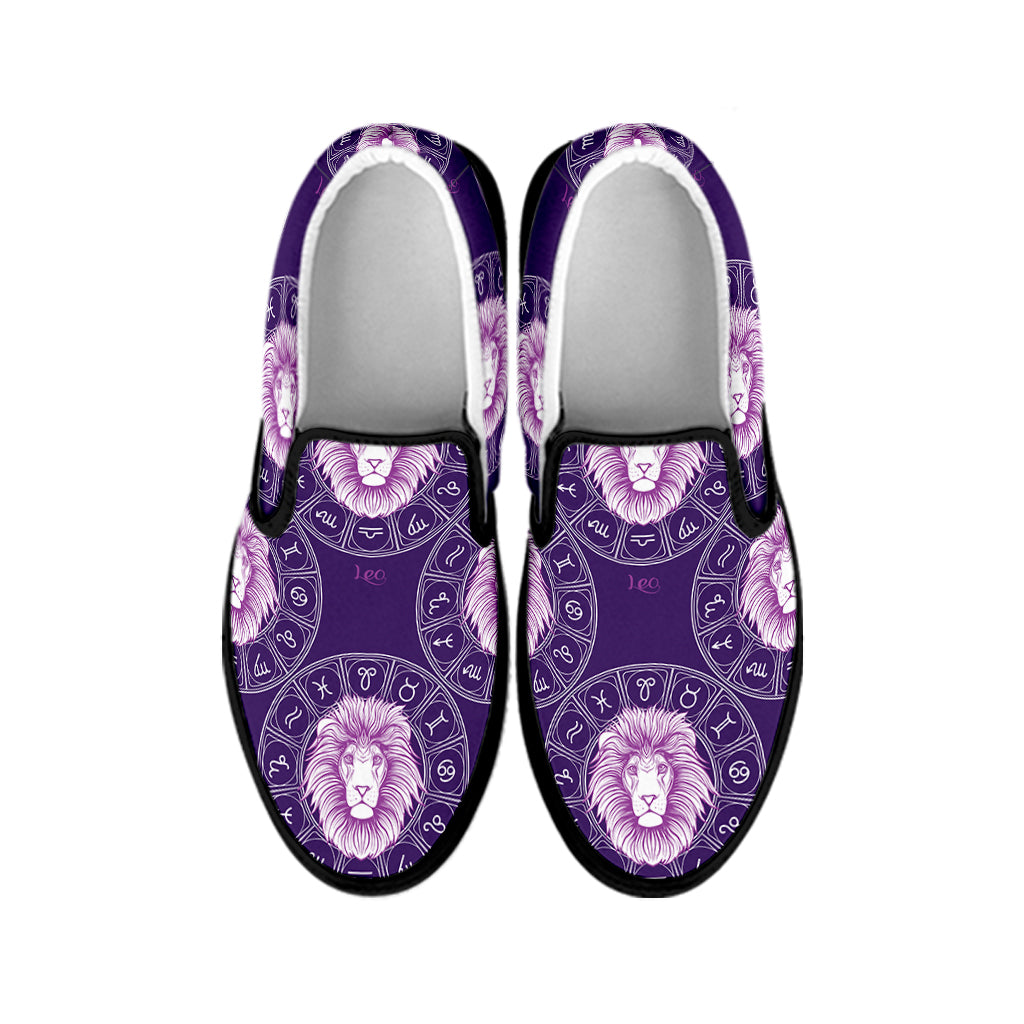 Purple Leo Zodiac Pattern Print Black Slip On Shoes