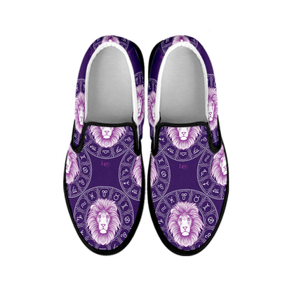 Purple Leo Zodiac Pattern Print Black Slip On Shoes