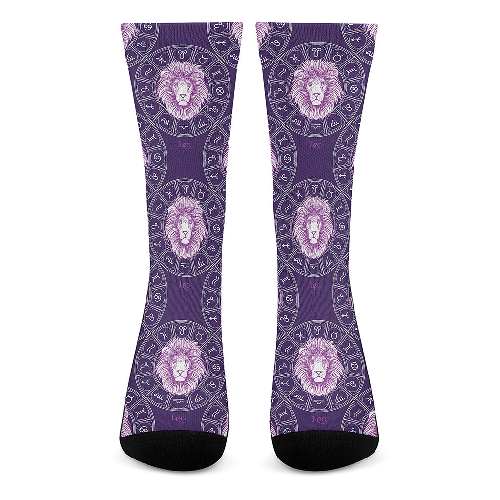 Purple Leo Zodiac Pattern Print Crew Socks