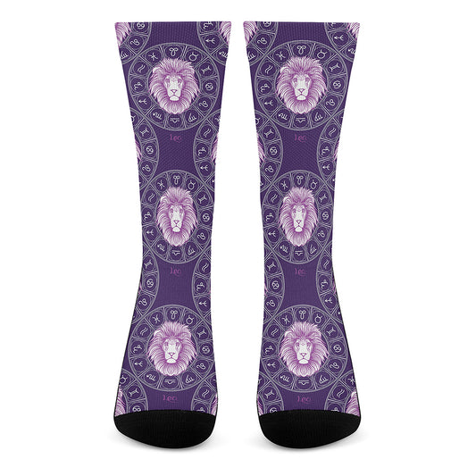Purple Leo Zodiac Pattern Print Crew Socks
