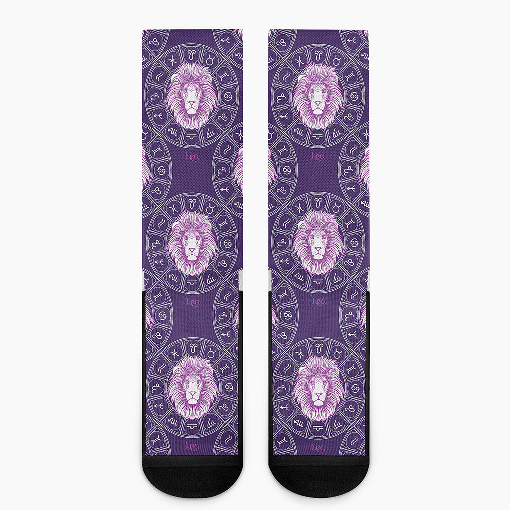 Purple Leo Zodiac Pattern Print Crew Socks