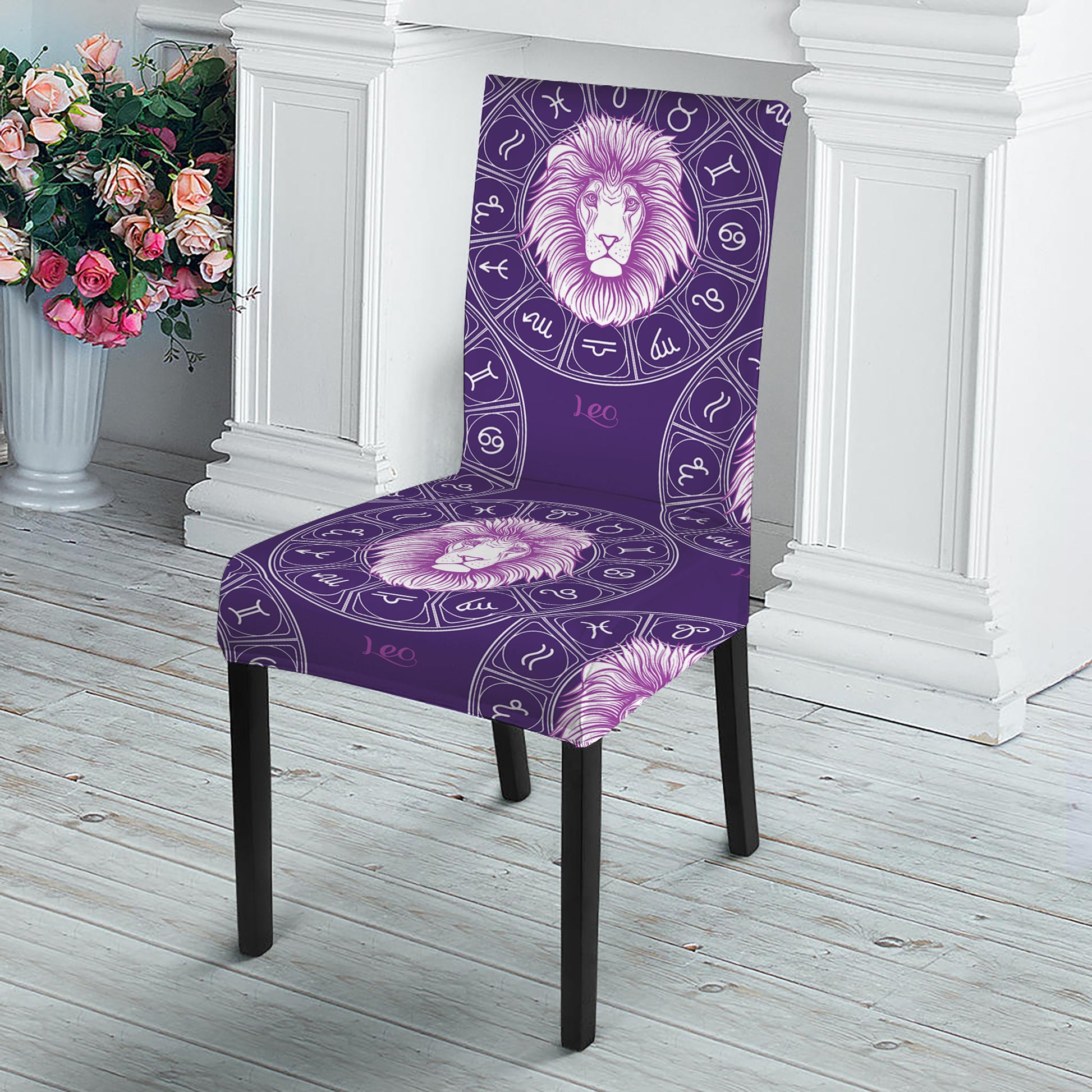 Purple Leo Zodiac Pattern Print Dining Chair Slipcover