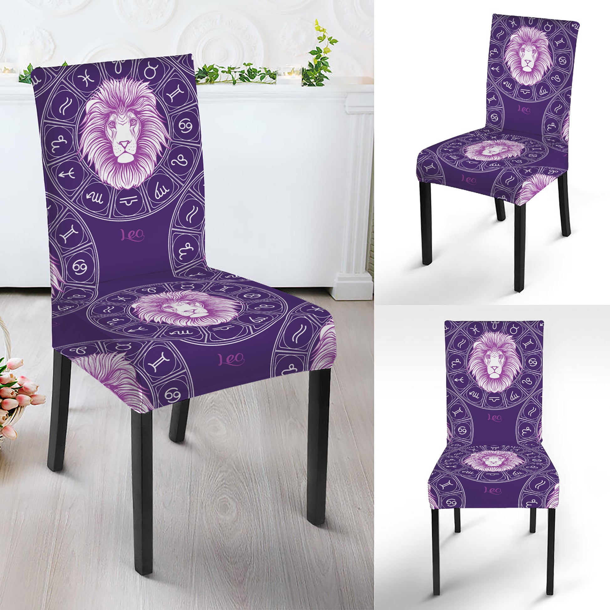 Purple Leo Zodiac Pattern Print Dining Chair Slipcover