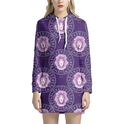 Purple Leo Zodiac Pattern Print Hoodie Dress