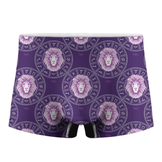 Purple Leo Zodiac Pattern Print Men's Boxer Briefs