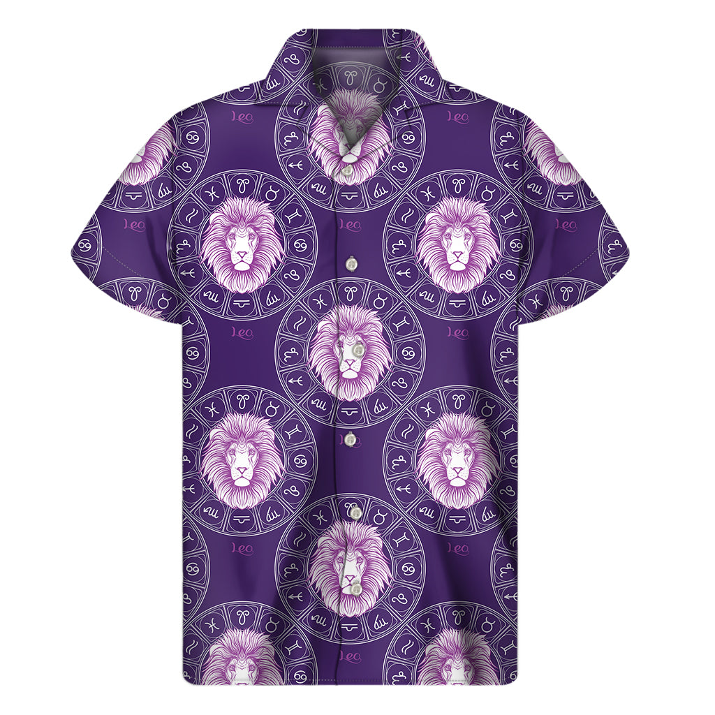 Purple Leo Zodiac Pattern Print Men's Short Sleeve Shirt