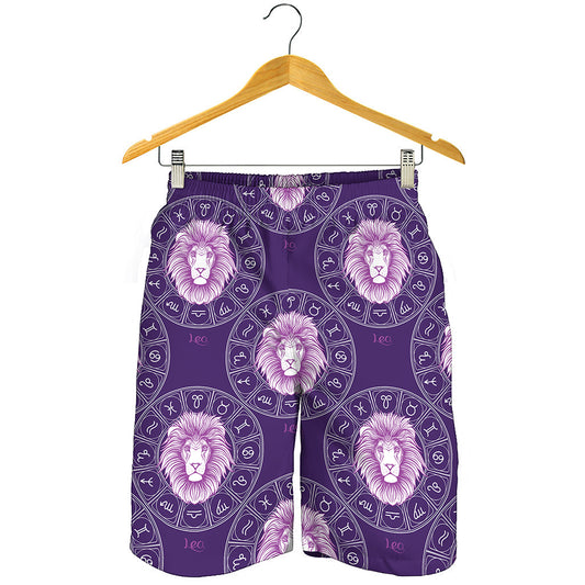 Purple Leo Zodiac Pattern Print Men's Shorts