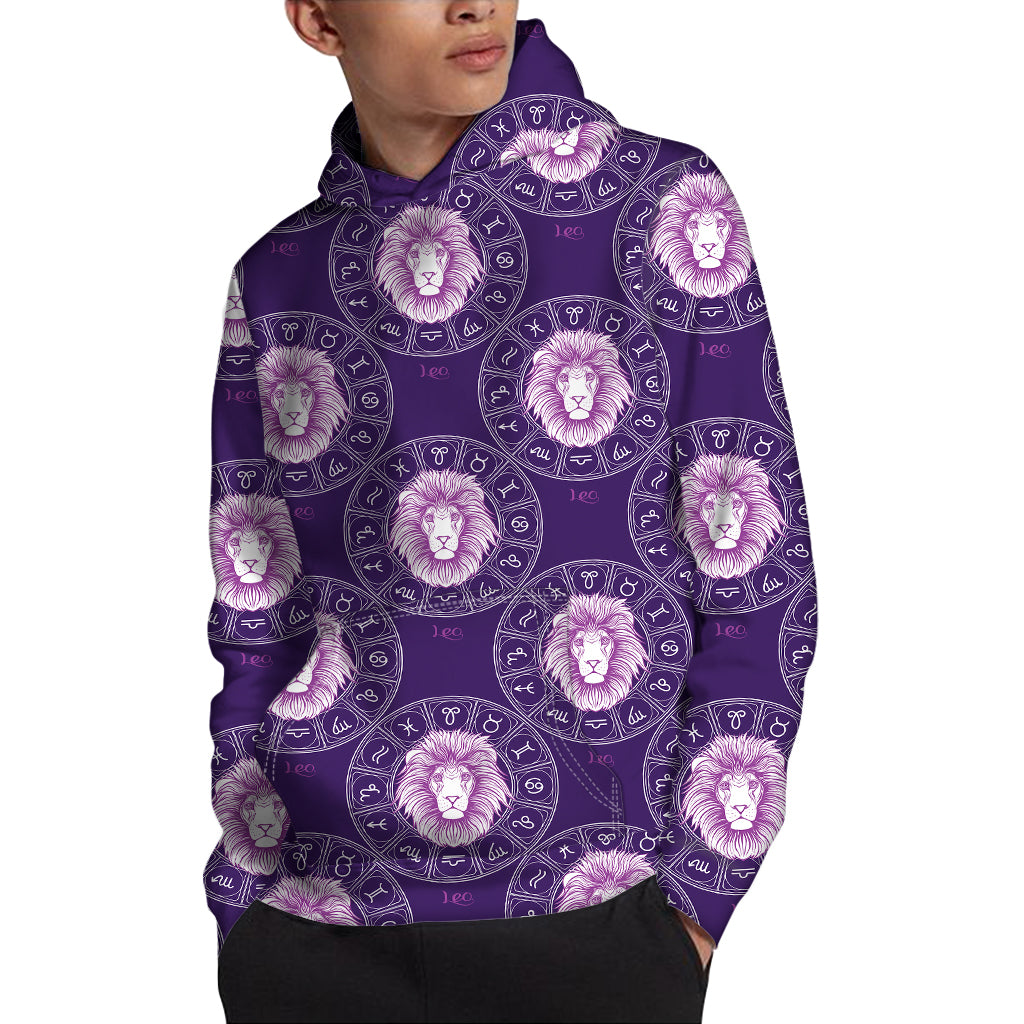 Purple Leo Zodiac Pattern Print Pullover Hoodie